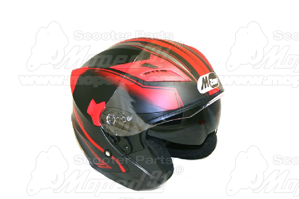 Kask otwarta twarz. CZARNY CZERWONY. rozmiar L. Waga netto: 1,5 kg. Kolor: czarno-czerwony. Zaawansowana skorupa ABS z ciśnieniową technologią termoplastyczną, wewnętrzne okulary przeciwsłoneczne, system szybkiej wymiany osłon i wyjątkowa dekoracja mechan