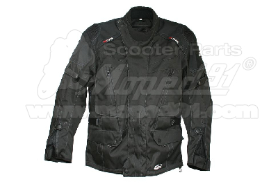 motoros kabát DEFENDER. Méret: XL. 500D cordura anyagból, Kivehető thermo bélés, CE jóváhagyott protektorok, 100% vízálló zseb, szellőzőrendszerrel, nadrággal összezipzározható, állítható kar és csukló pántok, fényvisszaverő szegély MZONE